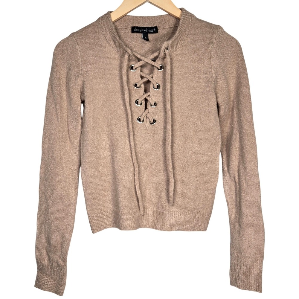 Derek Heart Women S Beige Lace Up Sweater Knit Long Sleeve Casual Top